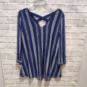 Roz & Ali Blue Asymmetrical 3/4 Sleeve Blouse